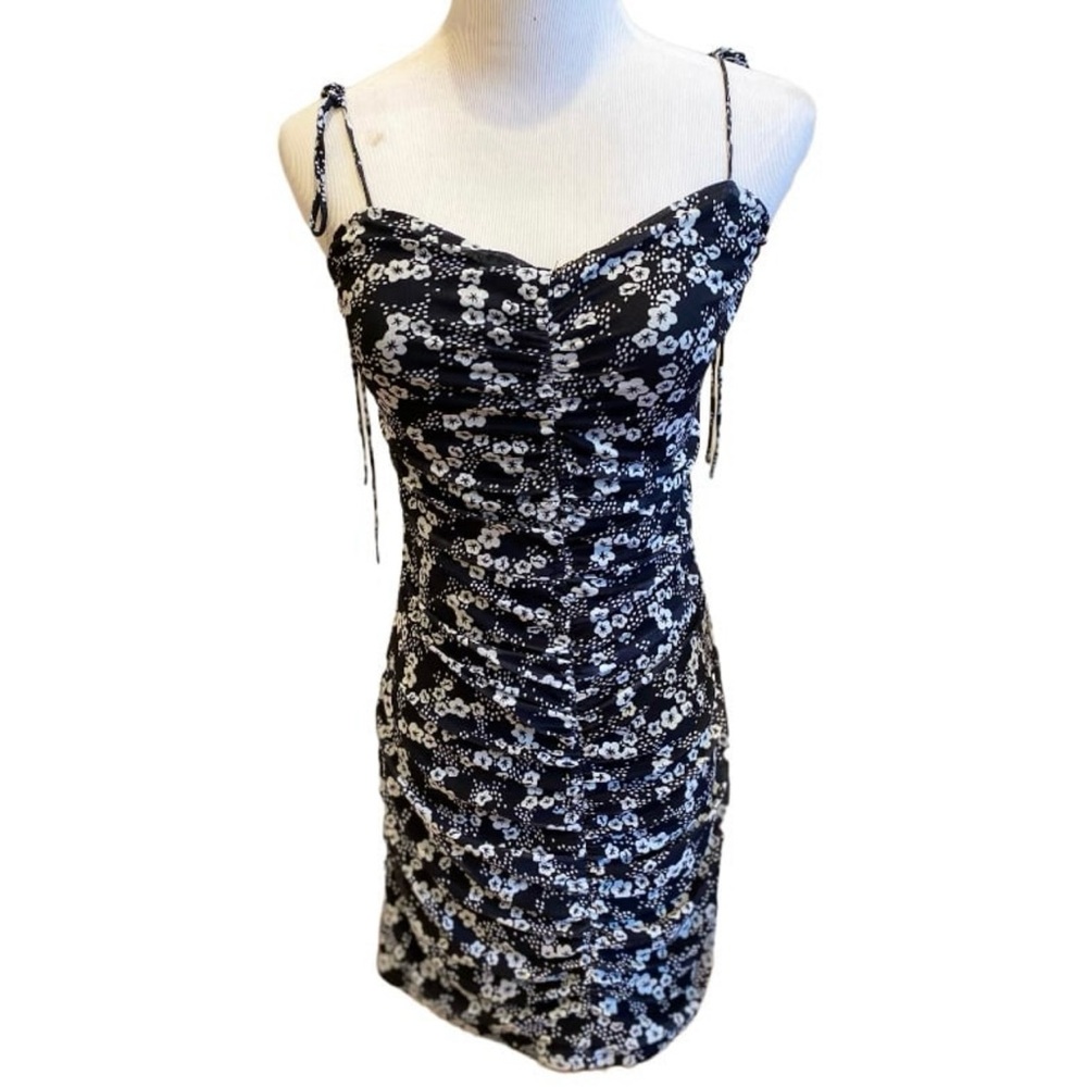 ASOS Bailey Rose Mini Dress Black White Floral Ruched Body Con Lightweight L